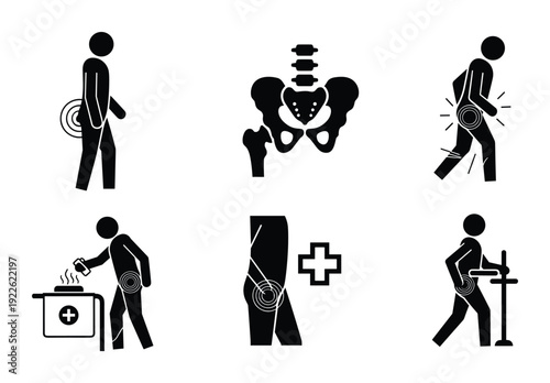 Stick figure pain locations icons, human bone system, joint problems, medical treatment symbols