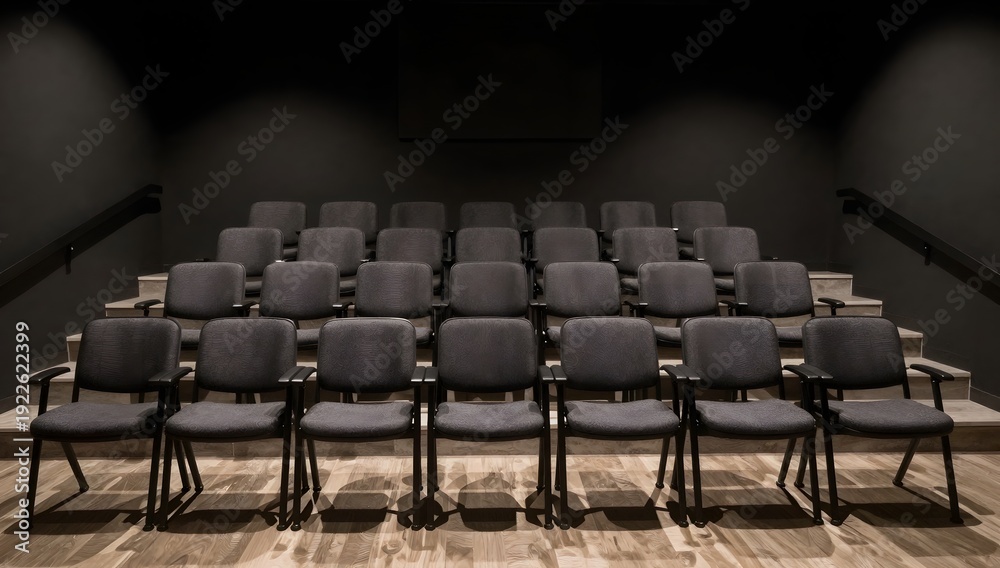 Fototapeta premium Rows of gray chairs in a dark auditorium create a sense of anticipation
