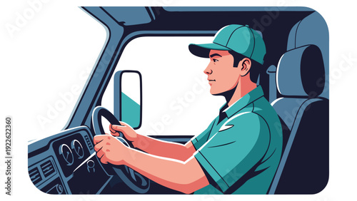 Vector Illustration of Cartoon Man Driving Car with Steering Wheel in Professional Setting
