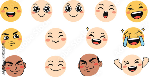 Cute Cartoon Emoji Faces Collection with Diverse Skin Tones, Happy, Laughing, Wink and Star Eyes Expressions Isolated on White Background