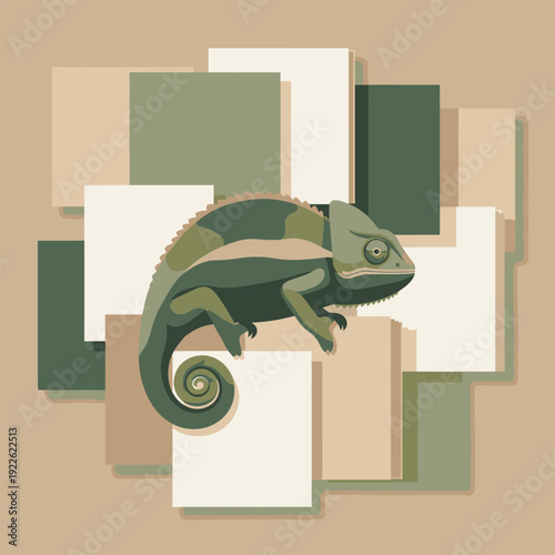 Chameleon on abstract background squares, concept for adaptation and change