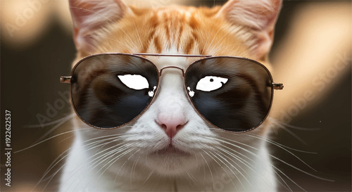 Playful orange cat wearing trendy sunglasses with white eyes looking cool and funny