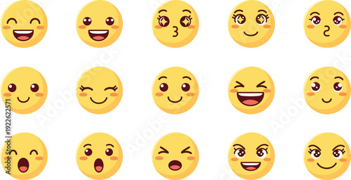 Cute Kawaii Emoji Faces Cartoon Collection with Happy, Wink, Kiss and Laughing Expressions Isolated on White Background