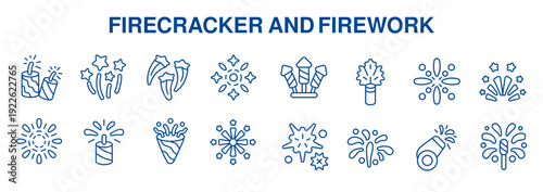 A comprehensive set of thin line icons depicts various firecrackers and fireworks for festive celebrations.
