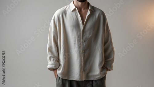 Man wearing a relaxed fit linen shirt with hands in pockets