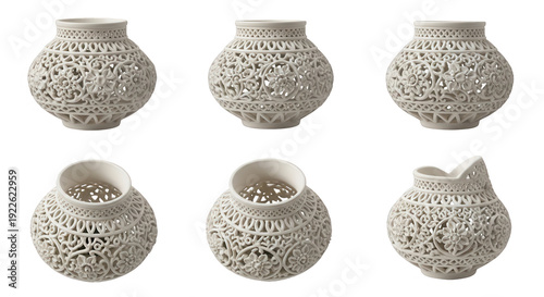 six white ornate vases displayed against a white backdrop varied perspectives for craft and design purposes