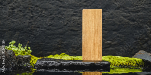 Wooden board stands on black stone near water Generative AI