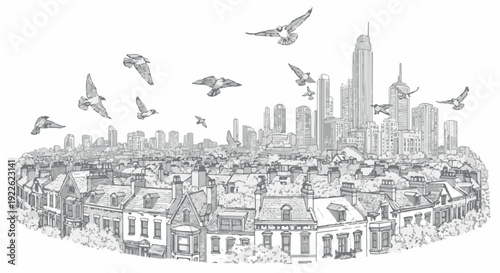Black and white illustration of a cityscape with skyscrapers, houses, and flying birds in the sky, urban landscape with buildings and avian life.