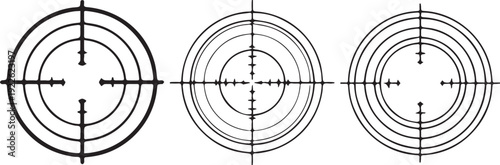 Three black and white rifle scope reticles with concentric circles and crosshairs on a plain white background, illustrating varying levels of detail and line density for targeting purposes.