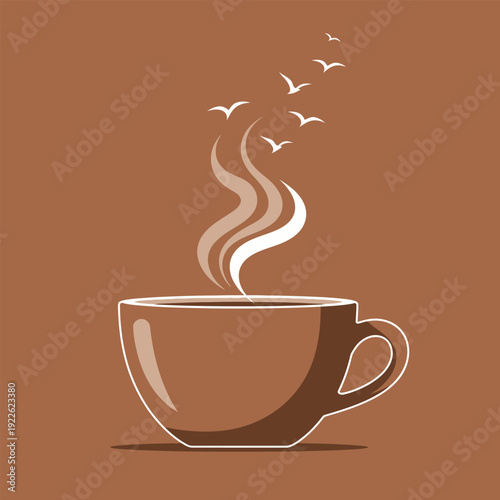 Steaming coffee cup with birds flying out of the steam