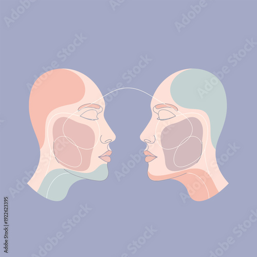 Line art abstract heads facing each other with connecting thread and muted pastel colors