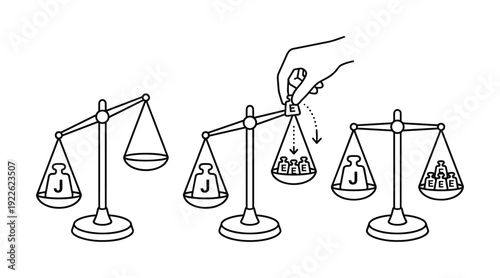 Weight scale diagram, hand adding weight, showing balance concept of equality