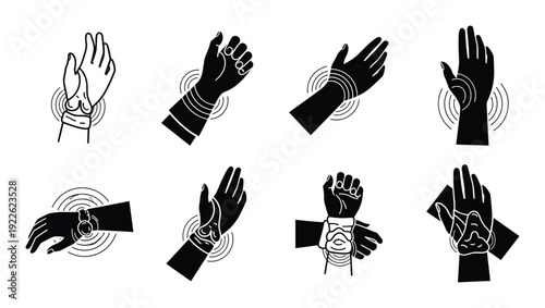 Wrist pain set. Hands with radiating pain. Carpal tunnel syndrome concepts