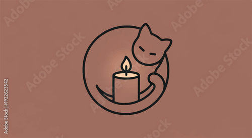 A serene cat curls up beside a lit candle in a cozy circle on a warm brown background evoking relaxation and calmness