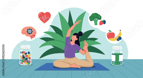 A woman practices yoga on a blue mat surrounded by healthy food and supplements emphasizing wellness and mindfulness in a serene environment with a plant and icons representing a balanced lifestyle.