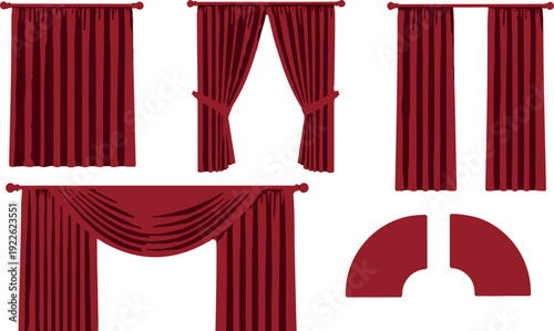 Collection of various red velvet curtain styles and designs, including tied and draped window treatments on a white background.