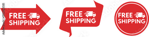 Set of free shipping labels and stickers with truck icons on red background for ecommerce and online shopping promotions.