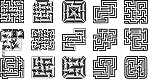 Collection of intricate maze designs and patterns set