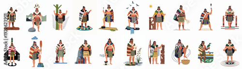 Collection of Diverse Maori Men in Traditional Attire with Cultural Symbols and Historical Elements, Representing New Zealand Indigenous Heritage