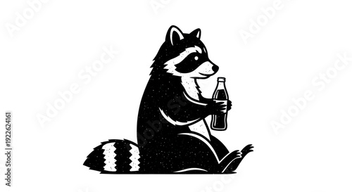 A black and white illustration of a raccoon holding a bottle.