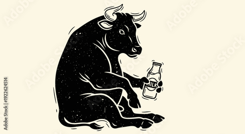 Black bull sitting and holding a milk bottle.