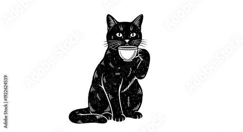 Black Cat Enjoying a Cup of Coffee Illustration.