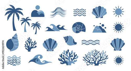 Collection of Blue Ocean and Beach Themed Icons.