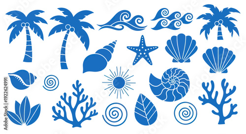 Collection of Blue Tropical Beach and Ocean Elements.
