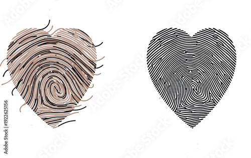 Heart-shaped wooden texture and fingerprint illustration, symbolizing love, identity, and uniqueness in a creative and artistic representation.