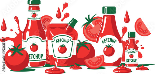 Vibrant illustration of ketchup bottles and tomatoes splashing on a white background, creating a playful and messy scene, perfect for food and condiment-related content.