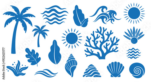 Collection of Tropical Beach Elements and Marine Life Icons.