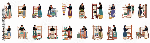 Indigenous women skillfully weave vibrant traditional textiles and rugs on looms, showcasing ancestral craft and cultural heritage in various stages of creation.