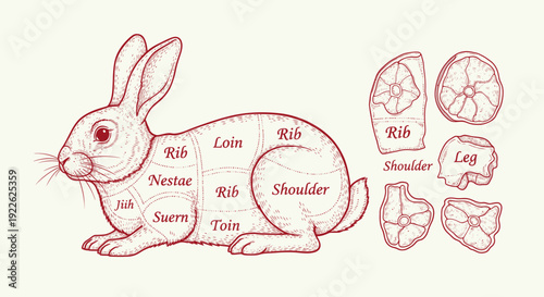 Detailed Diagram of Rabbit Meat Cuts for Culinary Preparation.