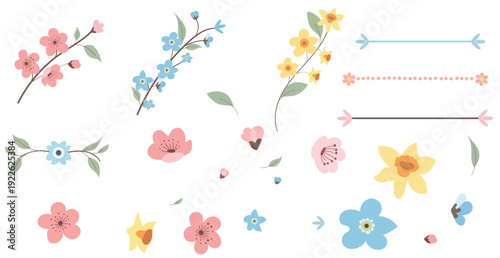 Hand Drawn Spring Floral Elements Set with Pastel Flowers and Decorative Dividers for Wedding and Greeting Card Design