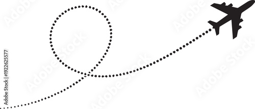 Black silhouette of an airplane flying in the sky with a dotted trail, creating a loop, symbolizing travel and adventure in aviation.