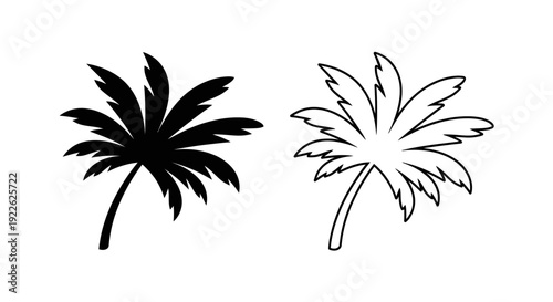 Two black and white palm tree illustrations, one with a thick trunk and one with a thin trunk. Vector