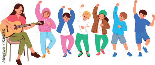 A woman plays guitar while a diverse group of seven children dance and celebrate with raised arms in a lively and joyful scene of music and friendship.