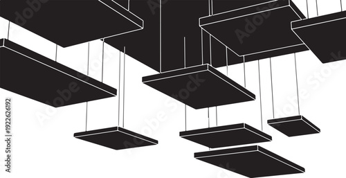 Black rectangular plates suspended from ceiling in modern arrangement