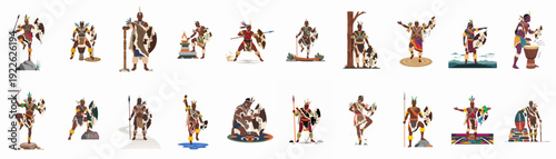 Vibrant collection of African tribal warriors and dancers in traditional attire, showcasing rich cultural heritage and dynamic poses in flat vector illustration.