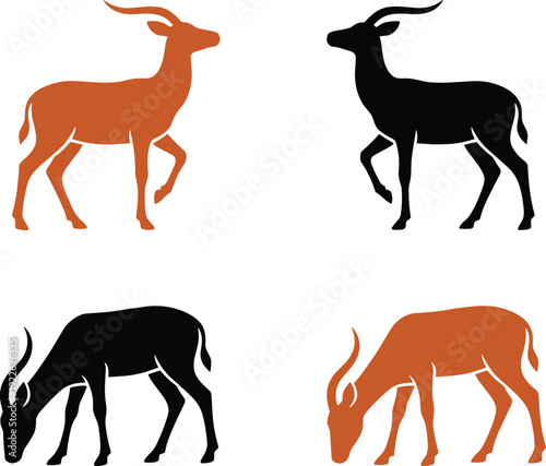 Antelope silhouettes grid illustration, wildlife animal standing grazing contrast orange black design, vector artwork, nature and education theme, isolated background