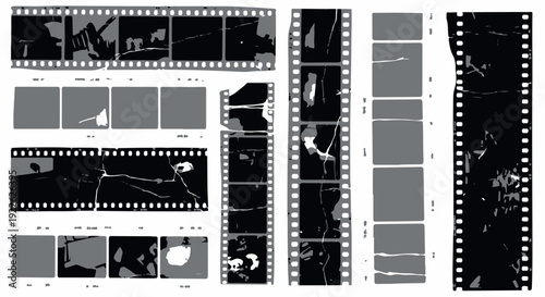 A collection of black and white film strips with various images and scenes on a white background, showcasing a mix of photography and cinematography elements.