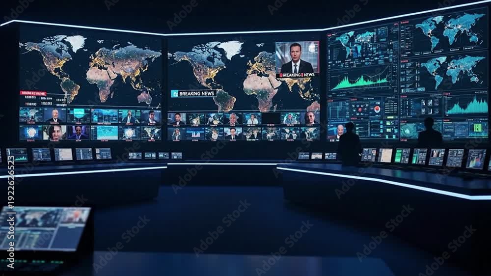 Global News Control Room with Massive Video Wall Displaying World Maps ...