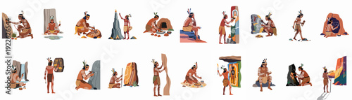 Indigenous People Practicing Traditional Australian Aboriginal Culture, Rock Art, Rituals, and Craftsmanship in Various Natural Settings.