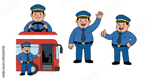 Cartoon illustration of a friendly bus driver in various poses, including driving a red double-decker bus, waving, and giving a thumbs-up.