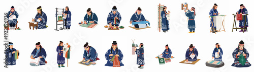 Indigenous Women's Traditional Crafts: Textile Arts, Weaving, Dyeing, and Embroidery Illustrations Showcasing Cultural Heritage and Handmade Skill.