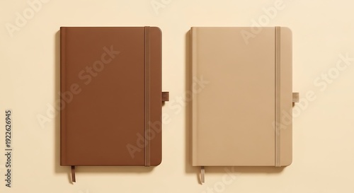 Two closed notebooks, one brown and one beige, lie side by side on a plain background.