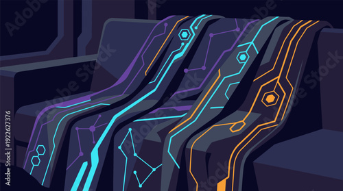 Futuristic blankets with glowing circuit board patterns draped over a dark sofa.