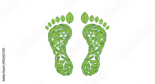 Eco friendly concept showing two human footprints formed by various green leaves symbolizing environmental footprint and living.