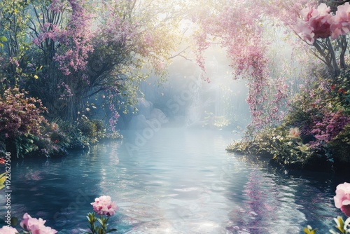 Tranquil riverbank surrounded by pink blossoms and lush greenery during a serene morning