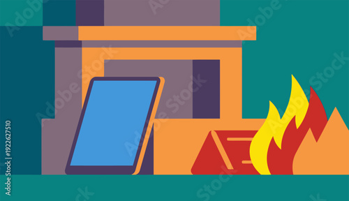 Modern technology meets traditional warmth with a digital tablet by a cozy fireplace.